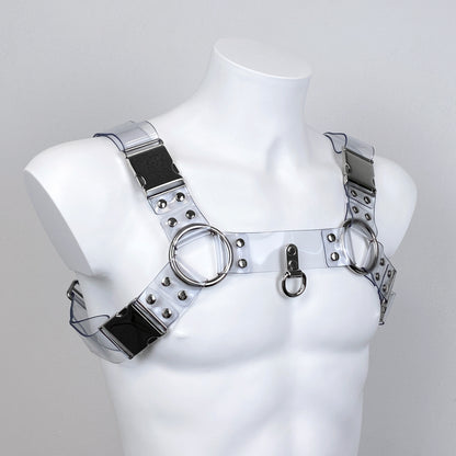 BDSM harness in transparent PVC with metallic buckles